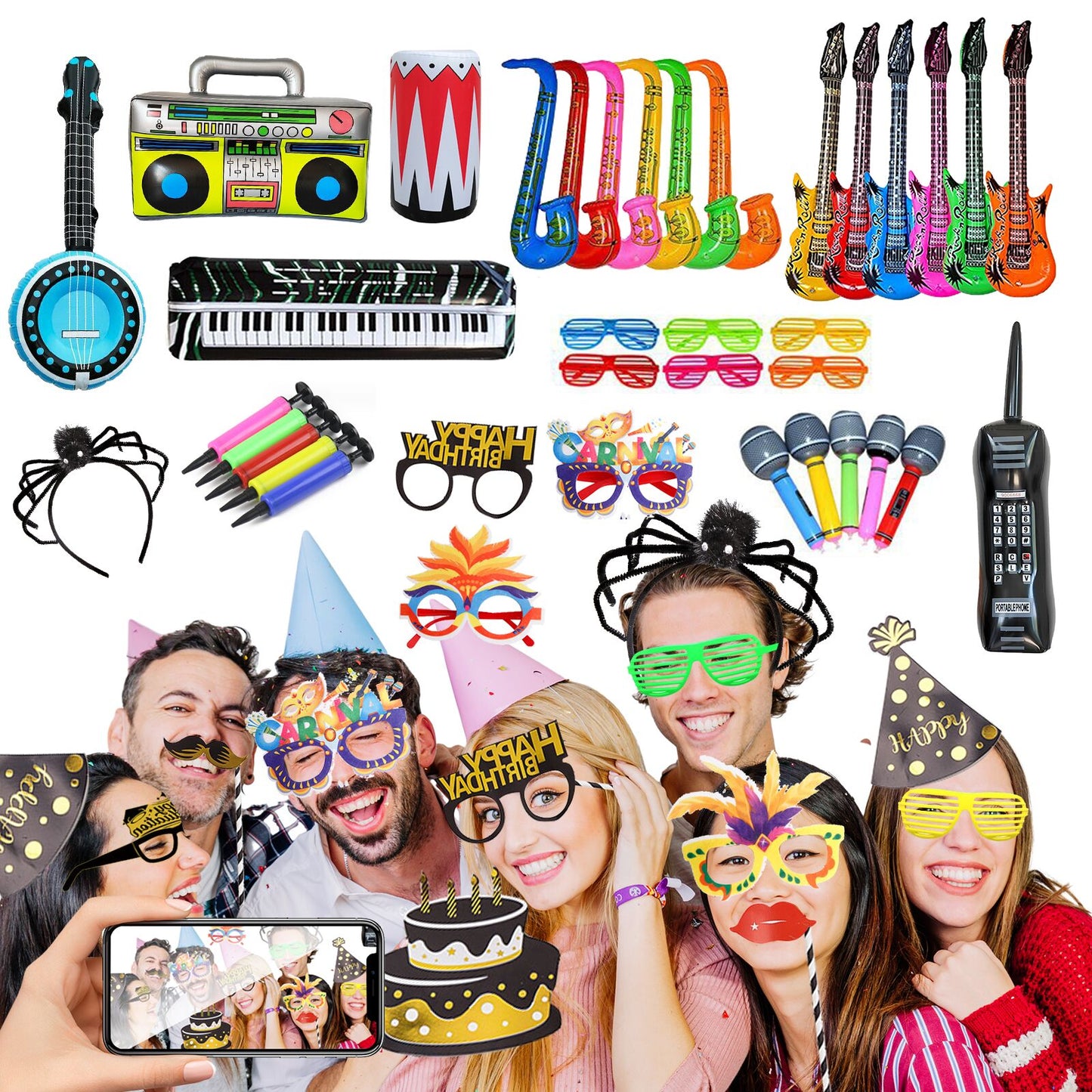 360 photo booth event props  Party Inflatable Musical Instrument Toys set , 5 PVC inflatable balloons +1 Venetian blind glasses+1 Colorful feather glasses+1 air pump+1 headband+1 set photo props Accessories Masks Wedding