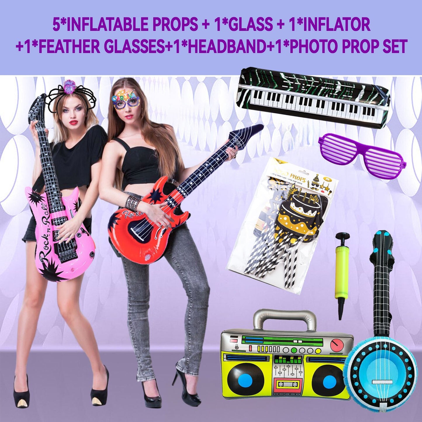 360 photo booth event props  Party Inflatable Musical Instrument Toys set , 5 PVC inflatable balloons +1 Venetian blind glasses+1 Colorful feather glasses+1 air pump+1 headband+1 set photo props Accessories Masks Wedding